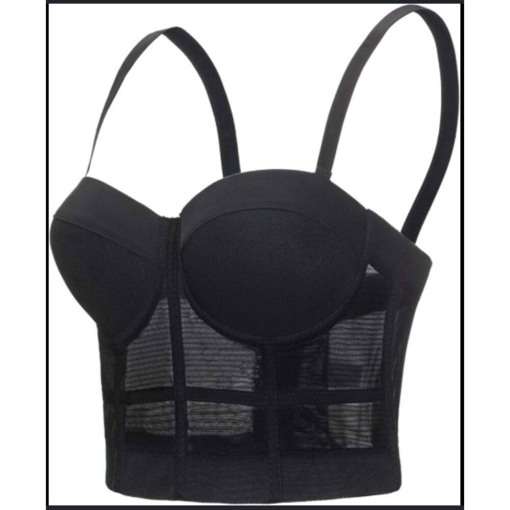Black Mesh Bustier Corset Top with Padded Push Up Cups and Removable Straps, S